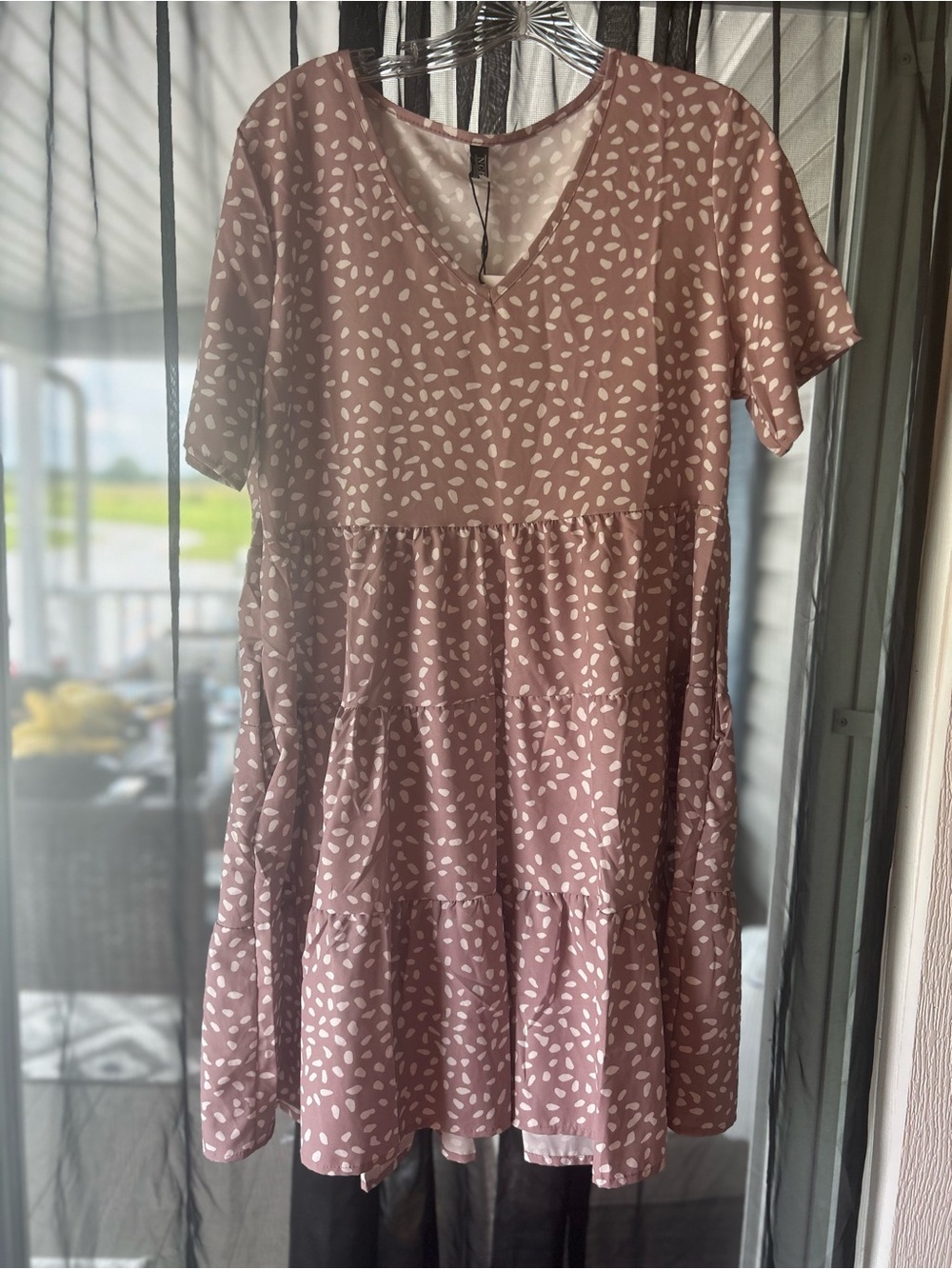 Mauve V-Neck Tiered Babydoll Dress with White Dot Print brand new!!